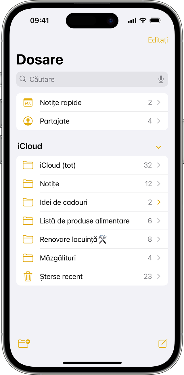  iPhone care afișează cum se creează un dosar în aplicația Notițe. 