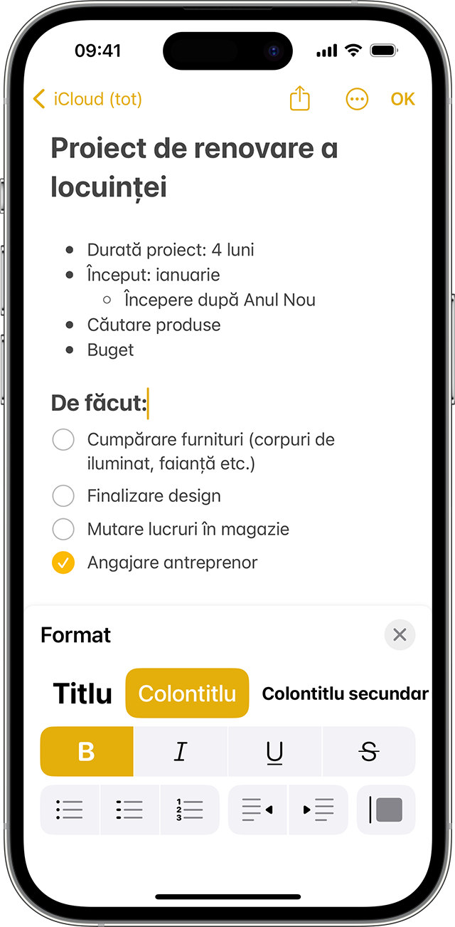 Opțiunile de formatare din Notițe, pe iPhone