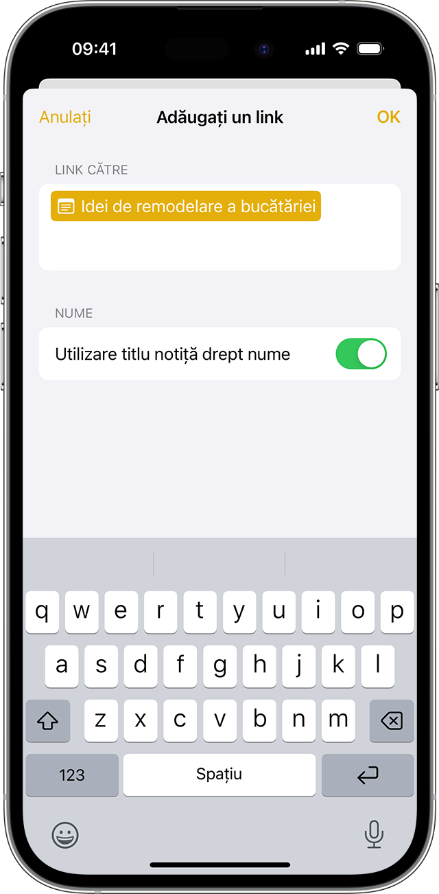 Opțiunile de adăugare a unui link în Notițe pe un dispozitiv iPhone cu iOS 17 sau o versiune ulterioară.