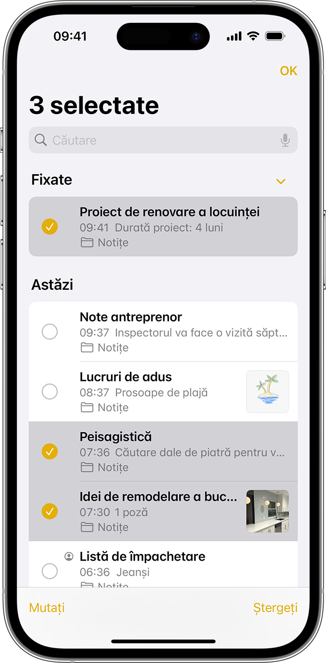 iPhone care afișează cum se mută o notiță în alt dosar în aplicația Notițe.