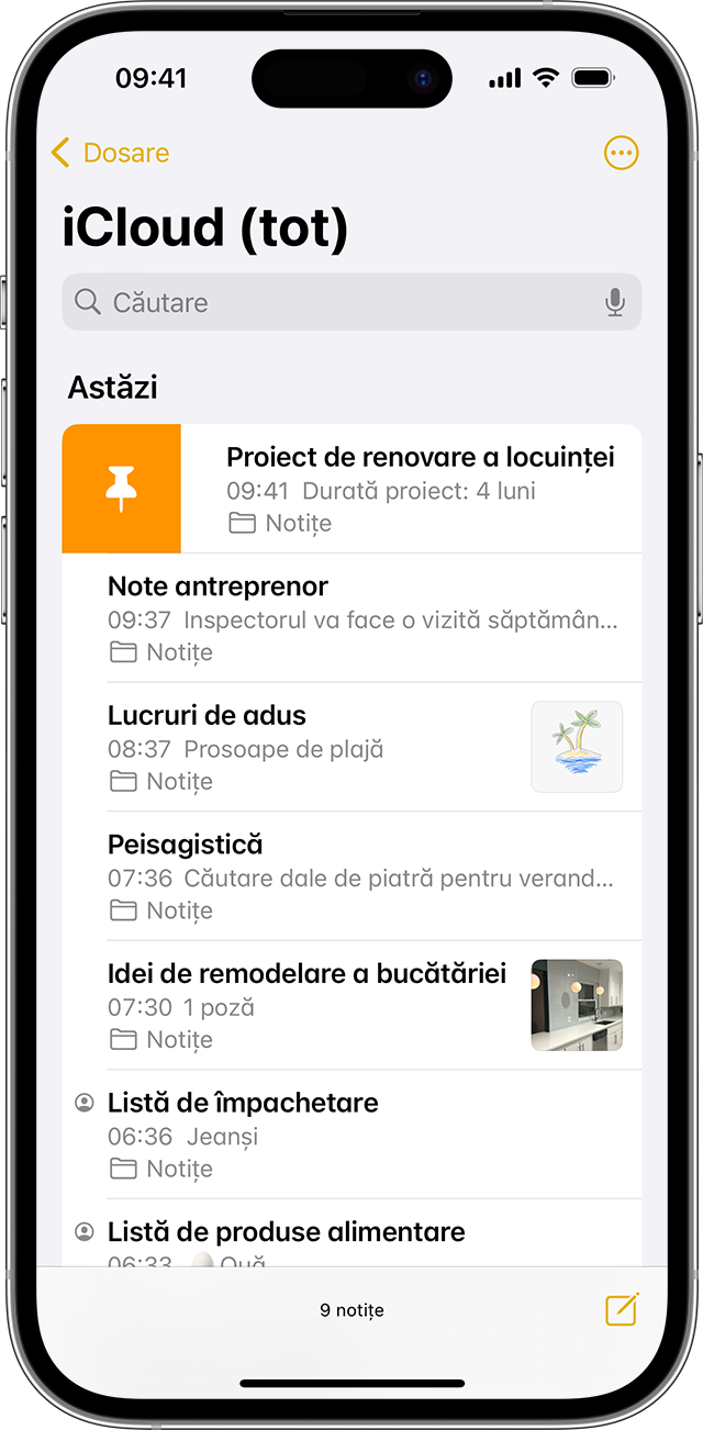 iPhone care afișează cum se fixează o notiță în aplicația Notițe.