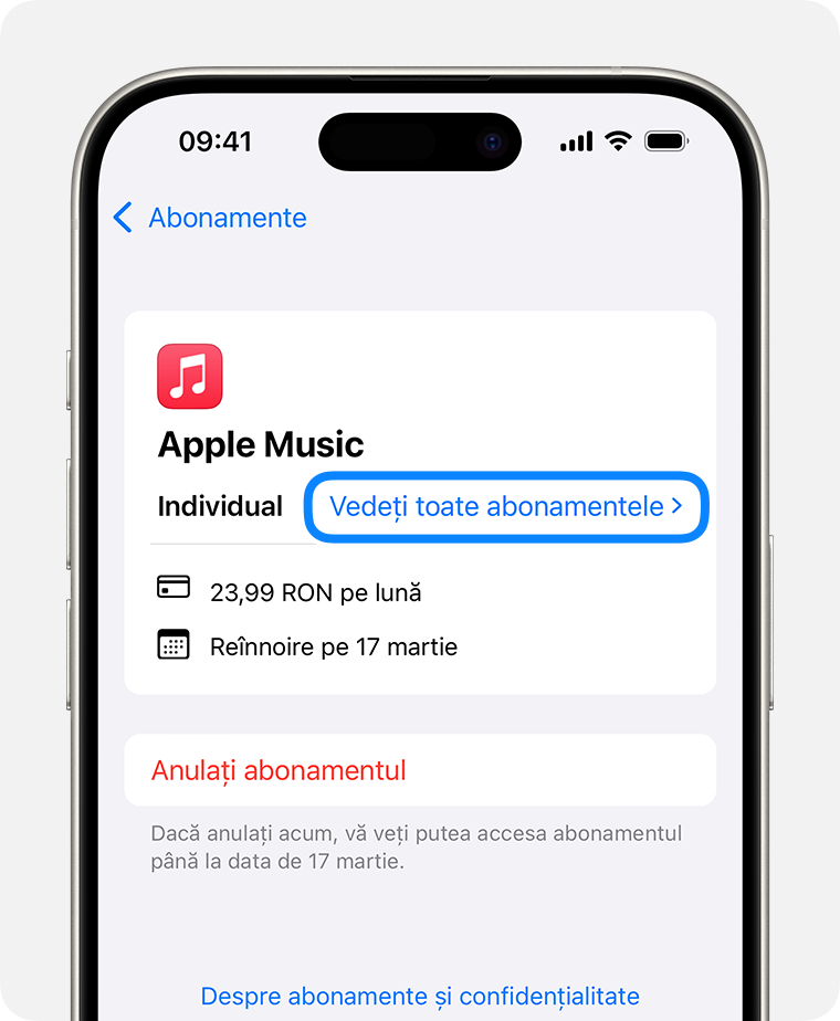 Un iPhone 15 Pro afișând ecranul Abonamente. Pentru a vedea planurile disponibile pentru un abonament, atinge Vedeți toate planurile.