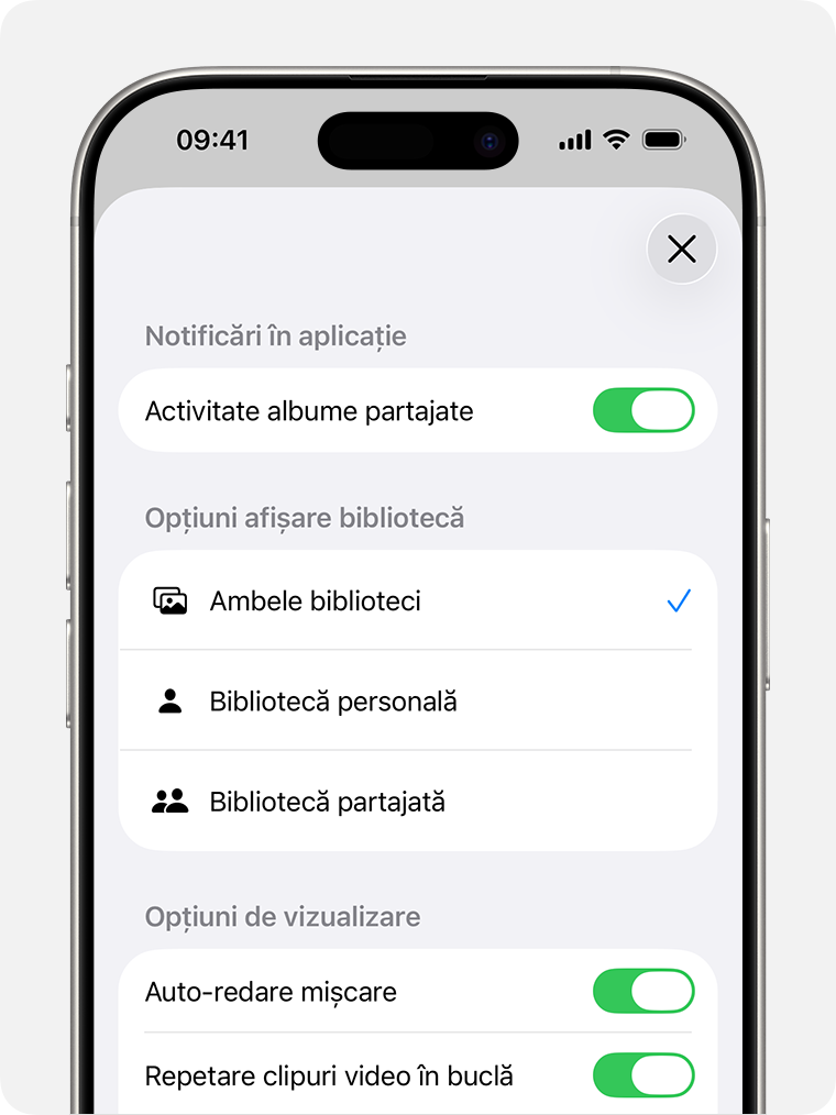 Un ecran de iPhone care afișează Ambele biblioteci, Bibliotecă personală și Bibliotecă partajată sub Opțiuni afișare bibliotecă.