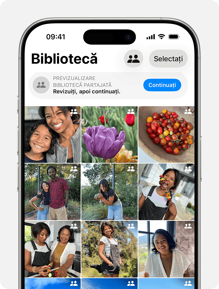 Un ecran de iPhone care afișează o previzualizare a unei biblioteci partajate în timpul configurării. Imaginile din previzualizare includ oameni care zâmbesc, un prim-plan al unei plante și peisaje.