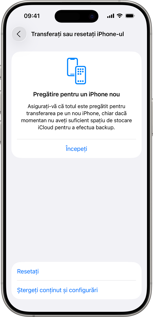 Ecranul unui iPhone care afișează secțiunea Transferați sau resetați iPhone-ul cu butonul Ștergeți conținut și configurări.