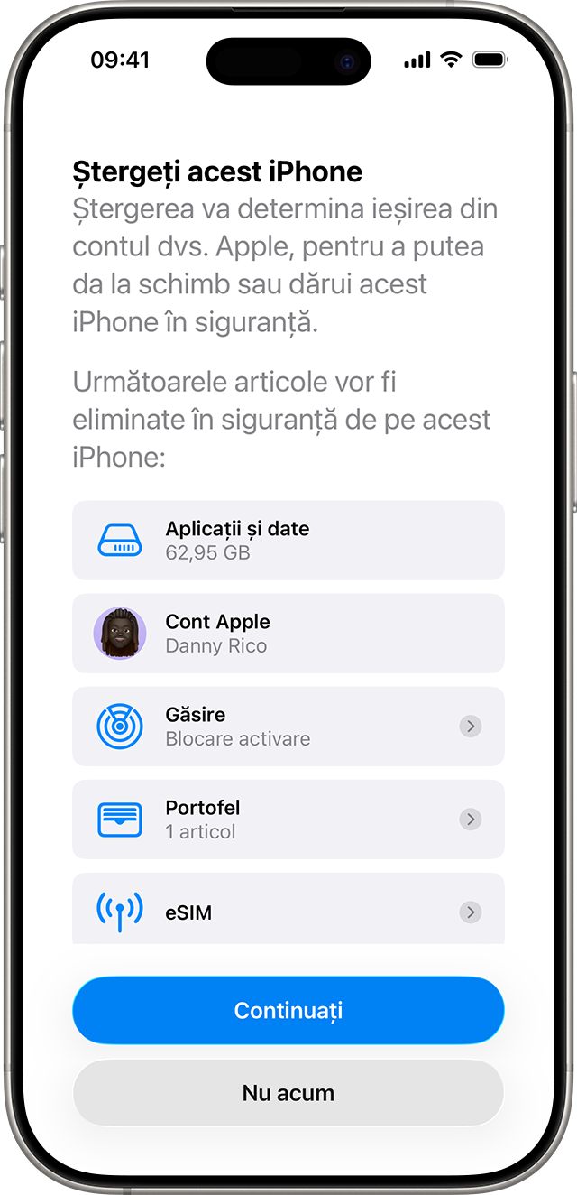 Ecranul unui iPhone care afișează secțiunea Ștergeți acest iPhone, cu o listă de articole care vor fi eliminate în siguranță de pe iPhone.