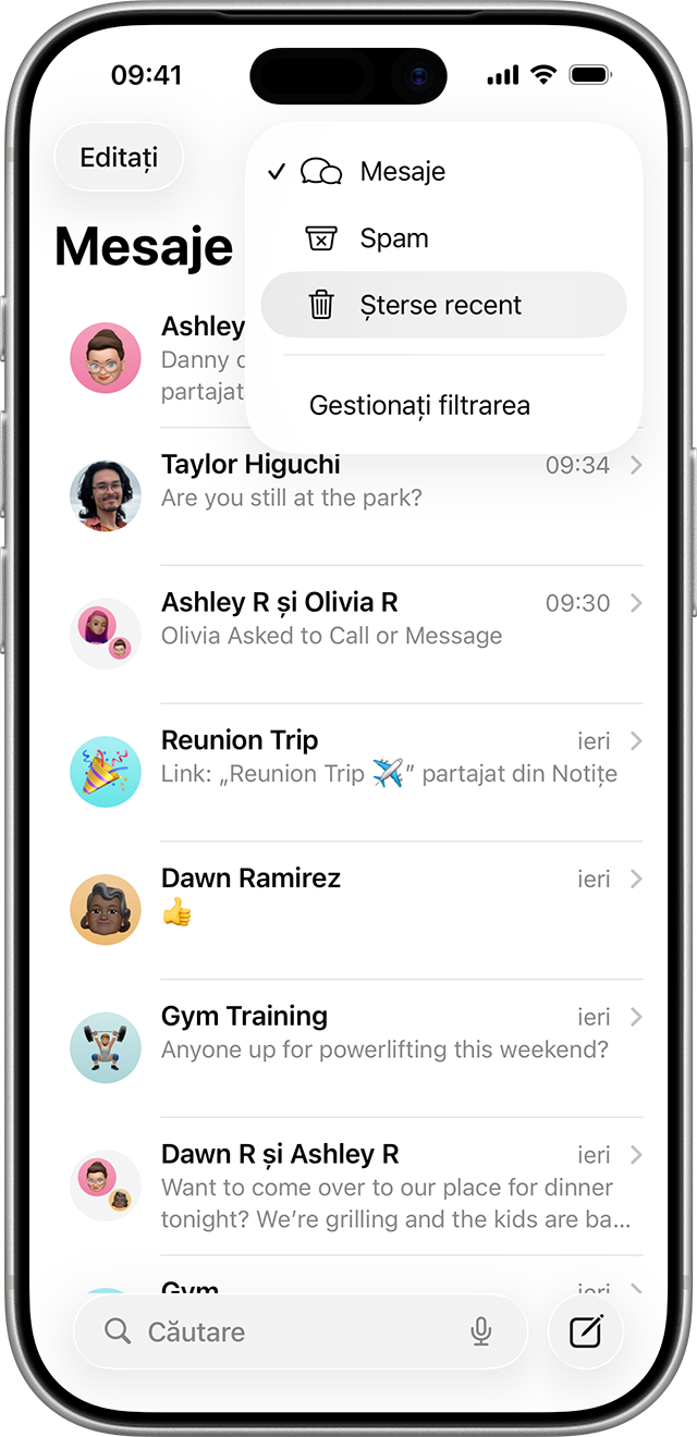 În pagina de conversații din Mesaje, atinge Editați pentru a găsi opțiunea de afișare a mesajelor șterse recent.