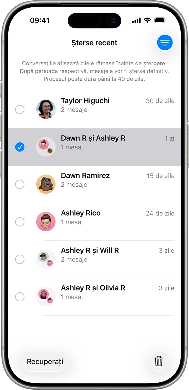 În pagina Șterse recent din Mesaje, atinge conversația care include mesajele pe care vrei să le recuperezi.