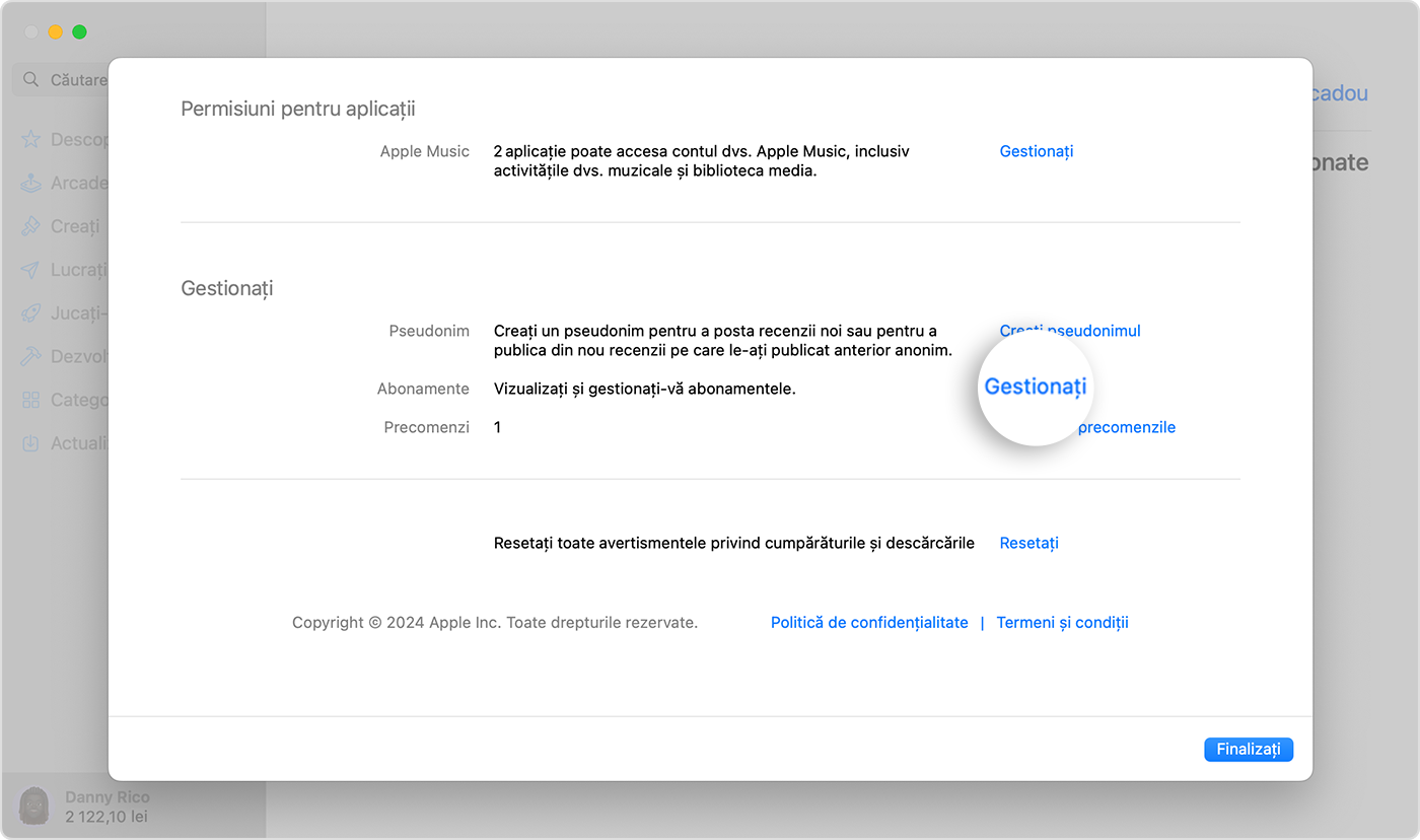 Un ecran de macOS afișând configurările Gestionează pentru abonamente în App Store. Pentru a-ți gestiona abonamentele, fă clic pe Gestionează.