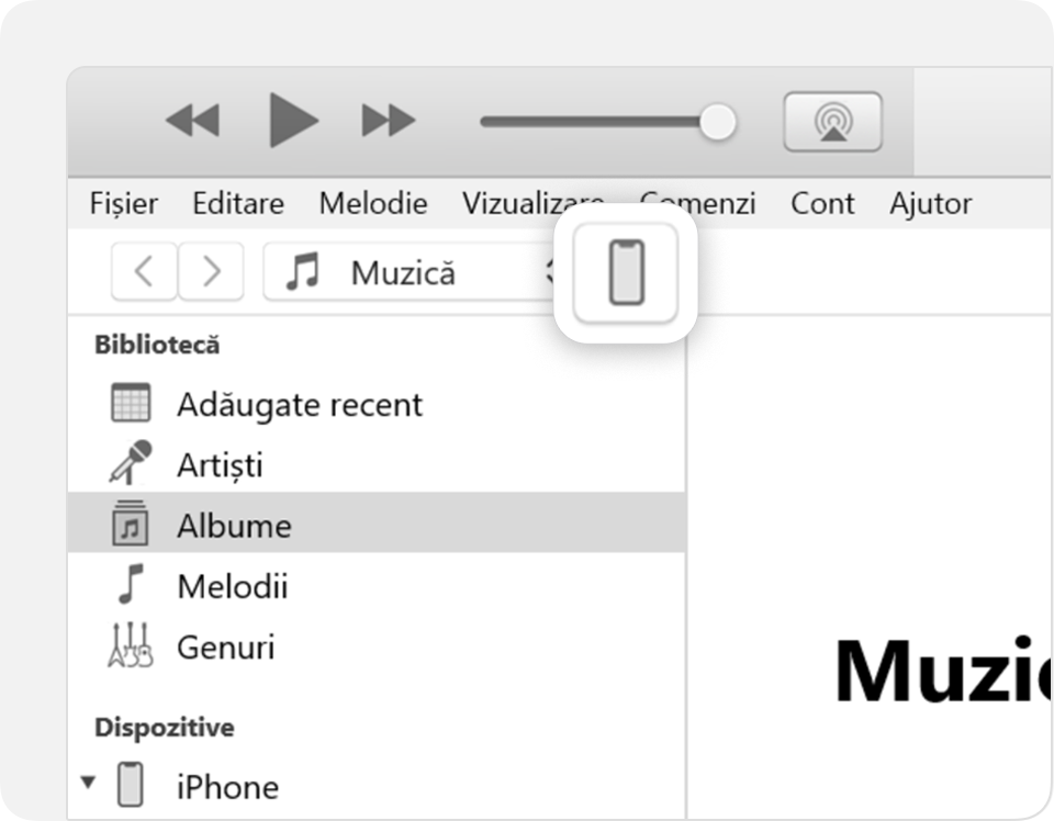 O pictogramă iPhone în bara de instrumente iTunes.