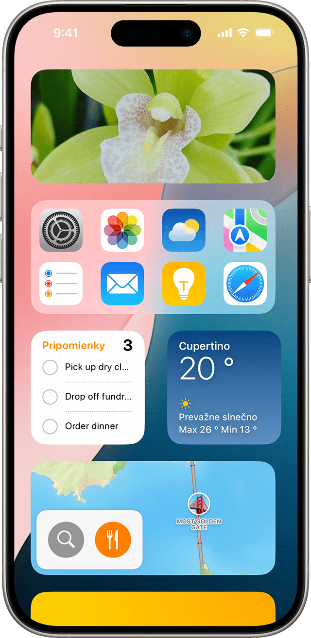 Obrazovka zobrazujúca widgety na iPhone
