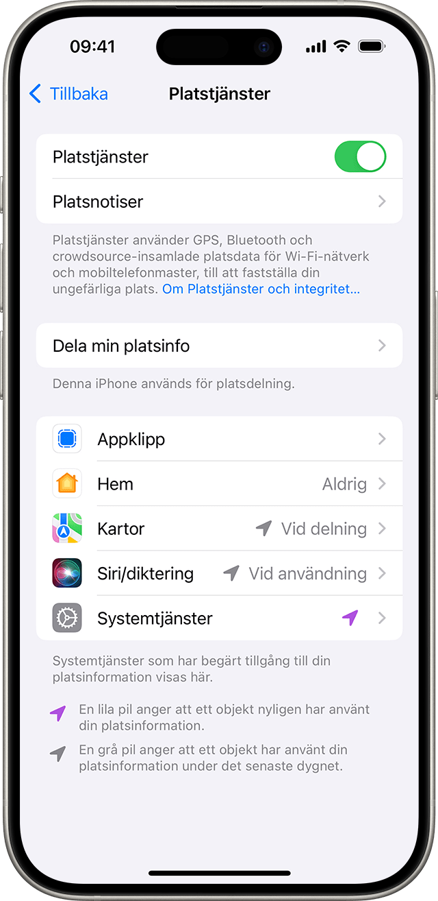 Om du går till Inställningar > Integritet och säkerhet > Platstjänster kan du ändra hur enskilda appar använder din plats.
