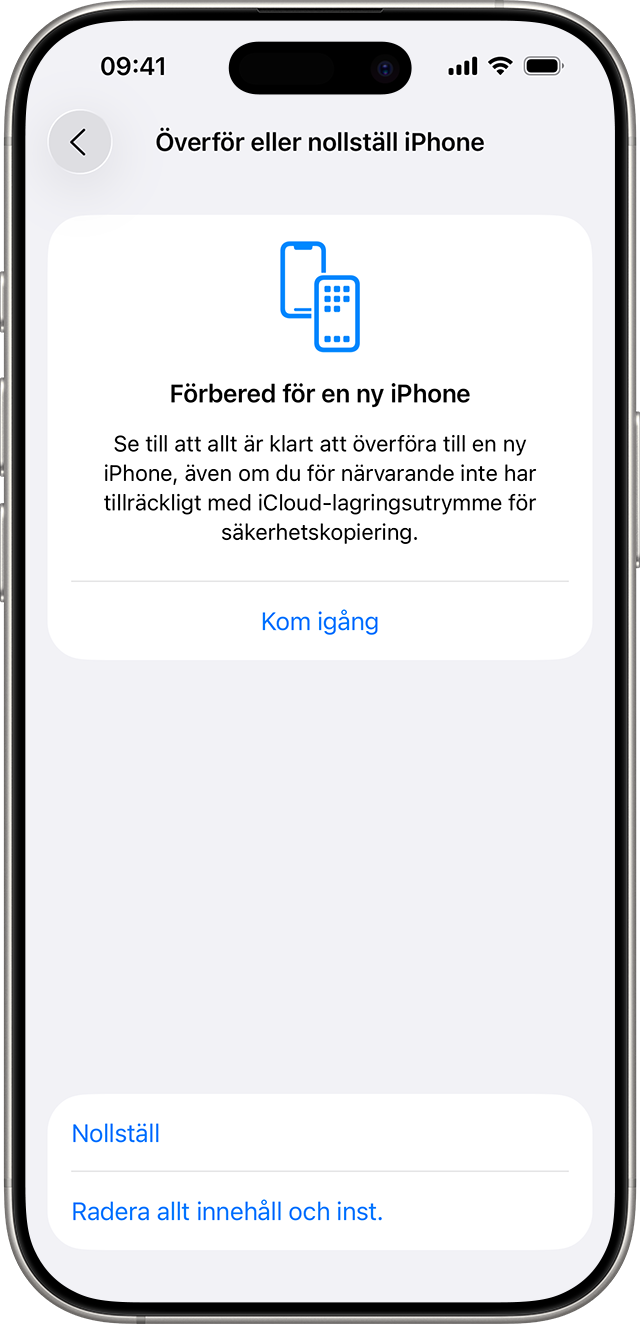 Överför eller nollställ iPhone-skärmen med knappen Radera allt innehåll och alla inställningar.