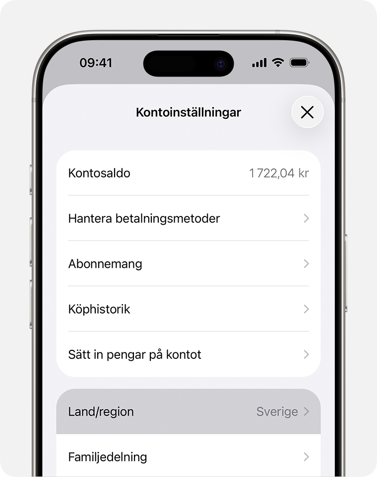 iPhone som visar Land/Region i Kontoinställningar.