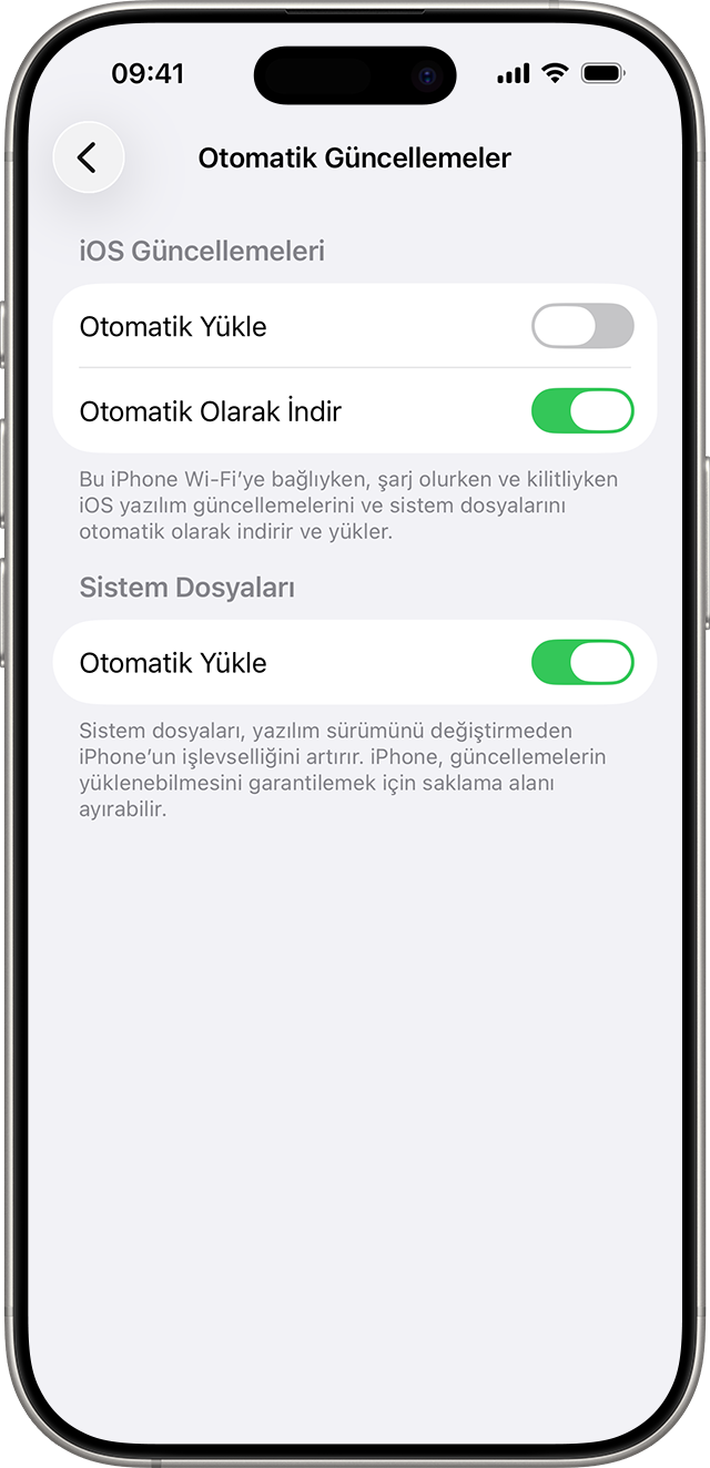 iOS güncellemelerini ve sistem dosyalarını otomatik olarak yüklemek ve indirmek için denetimler.
