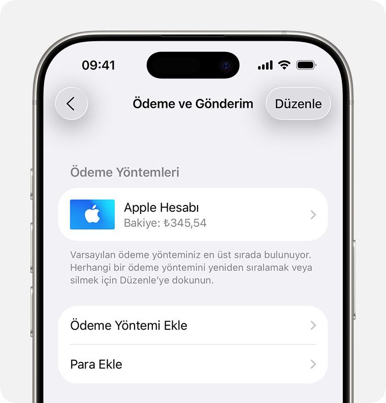 Apple Hesabı için Ödeme ve Teslimat ayarlarını gösteren iPhone ekranı. Bir ödeme yöntemi eklemek için Ödeme Yöntemi Ekle'ye dokunun.
