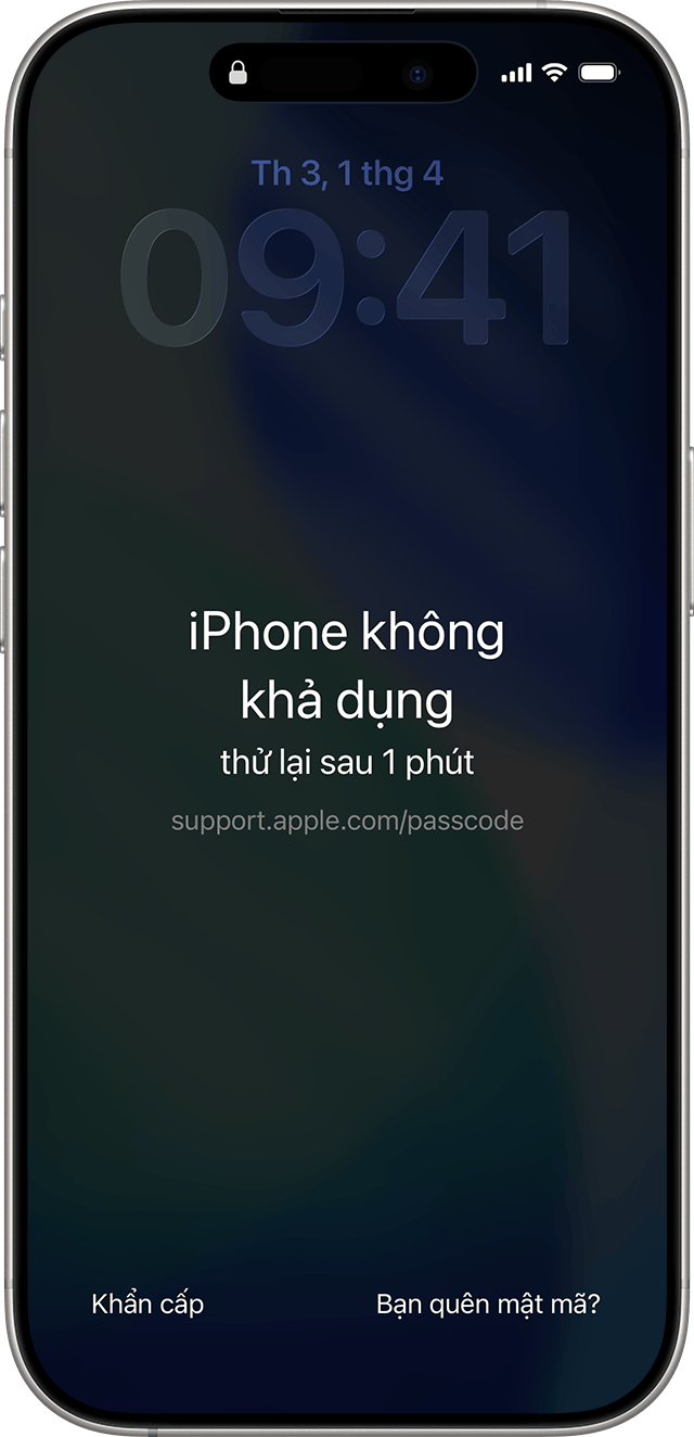 Màn hình iPhone không khả dụng trong iOS 17 trở lên có tùy chọn Bạn quên mật mã?.
