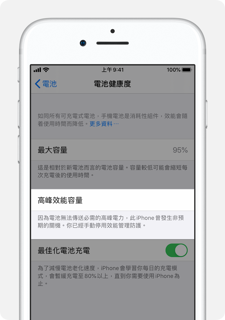 「電池健康度」畫面,當中重點顯示了「高峰效能容量」。