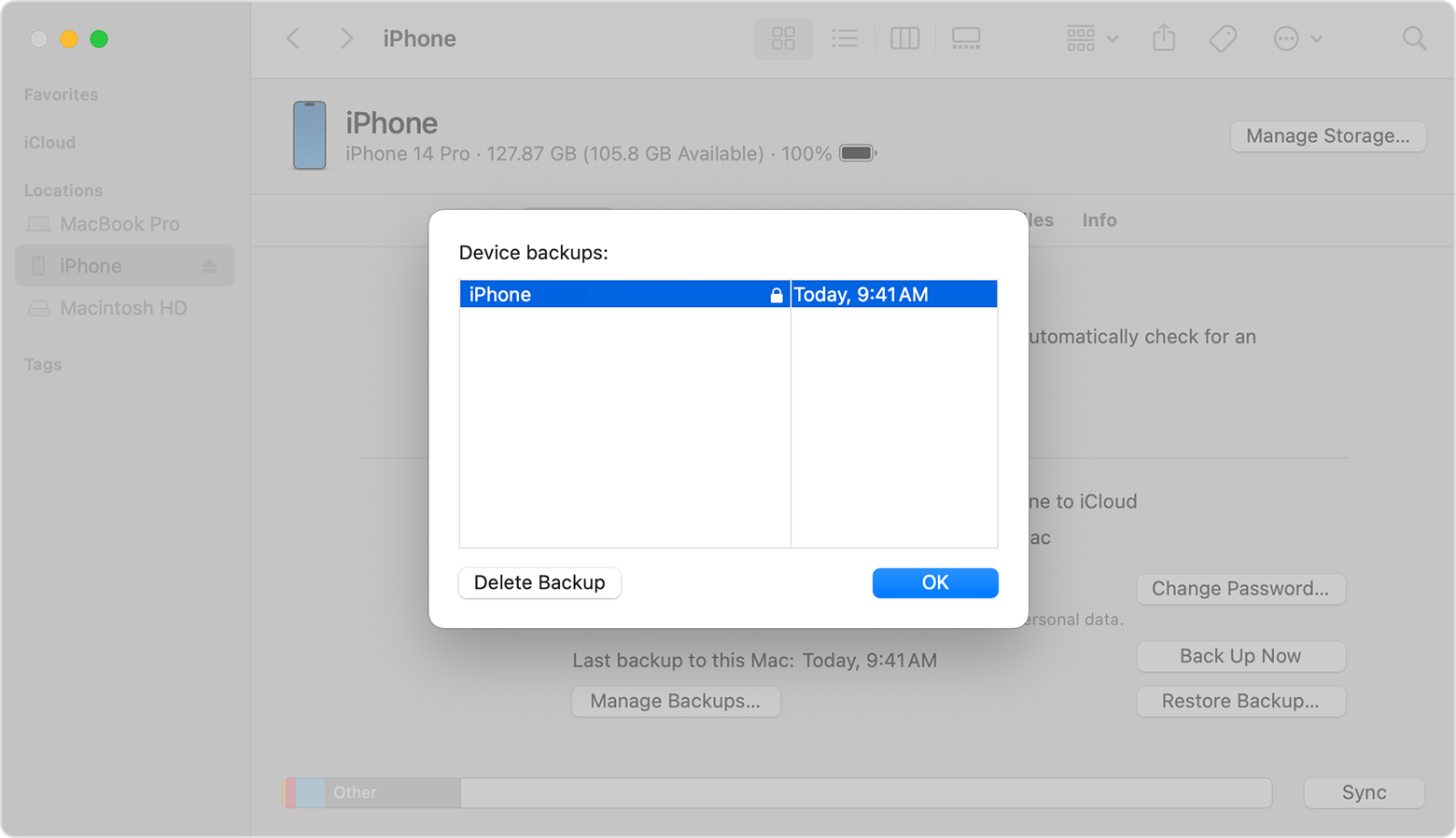 A Finder window showing the date and time of the last encrypted backup