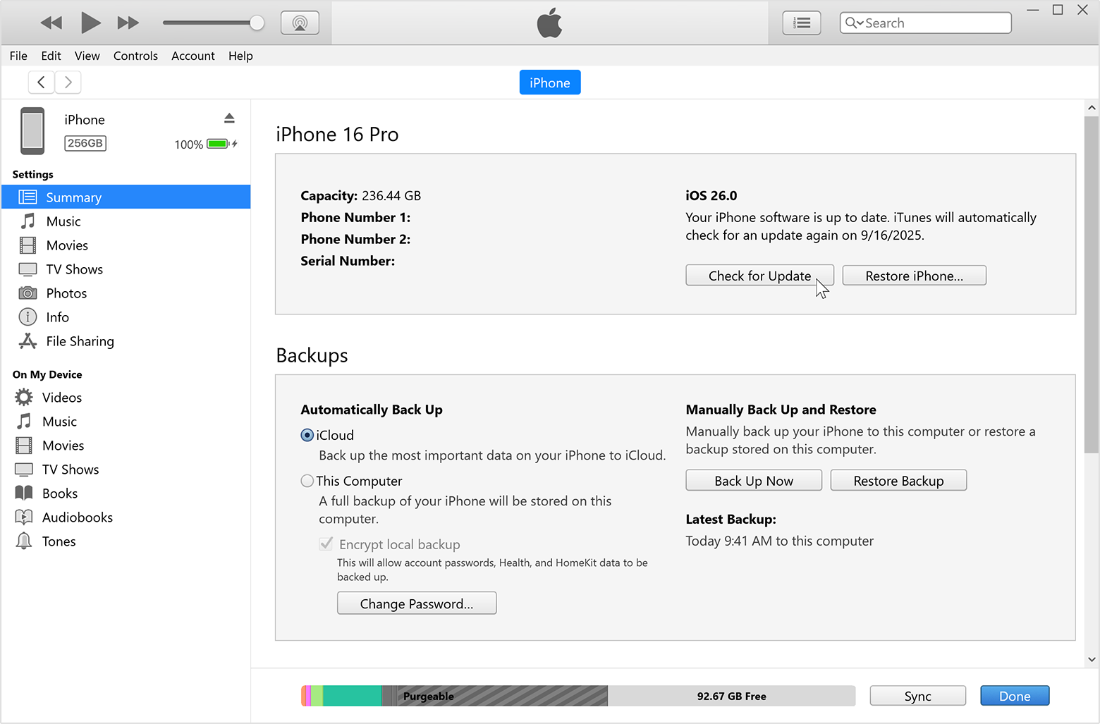 Cursor hovering over the "Check for Update" button in the iTunes Summary tab.