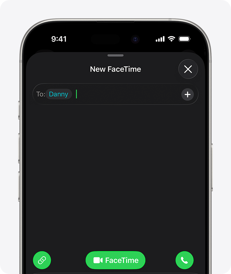 In FaceTime on iPhone, a name is entered in the To field for a new FaceTime call.