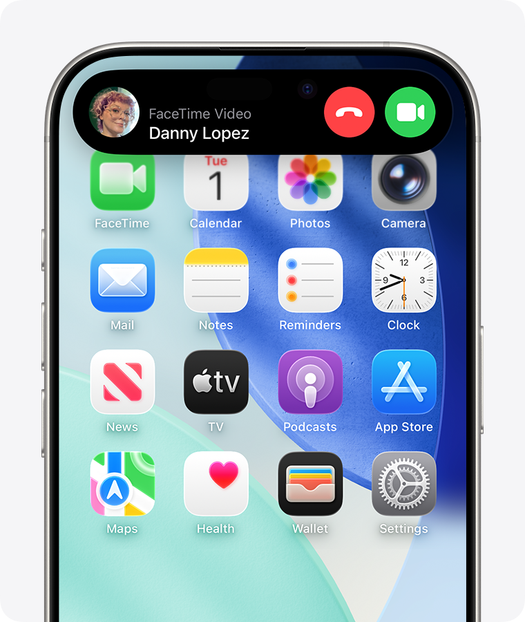 iPhone home screen showing a FaceTime Video call with the option to accept or decline.