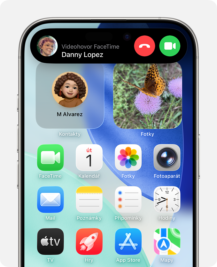 Domovská obrazovka iPhonu zobrazující videohovor FaceTime s možností přijmout nebo odmítnout.