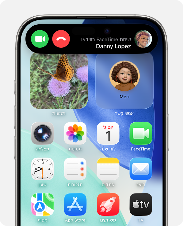 מסך הבית של iPhone שמציג שיחת FaceTime בווידאו עם אפשרות למענה או לסירוב.