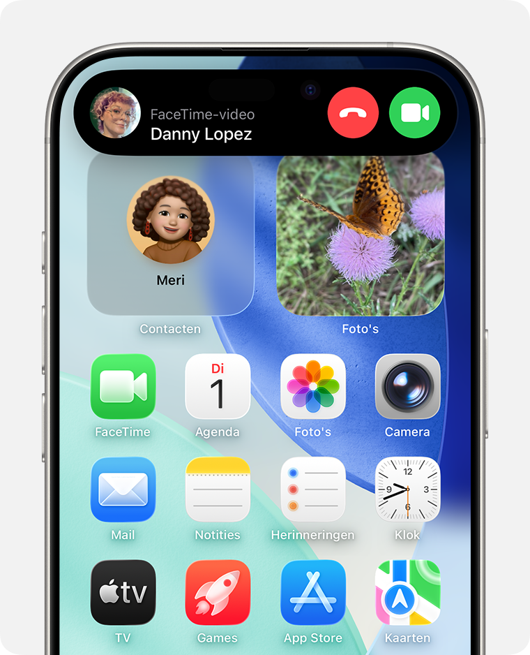 iPhone-beginscherm met een FaceTime-videogesprek met de optie om te accepteren of te weigeren.