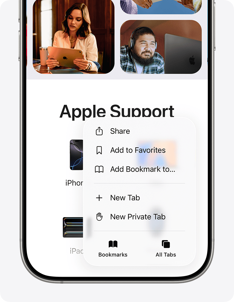 iPhone screen showing the Bookmarks button in Safari.