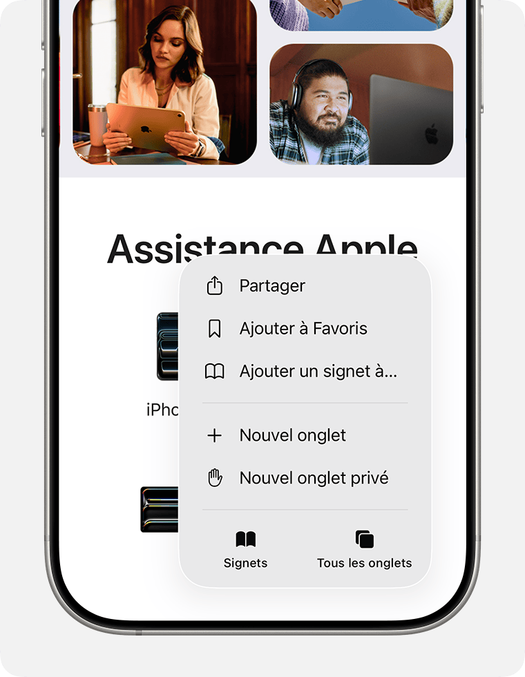 Écran d’iPhone affichant le bouton Signets dans Safari.