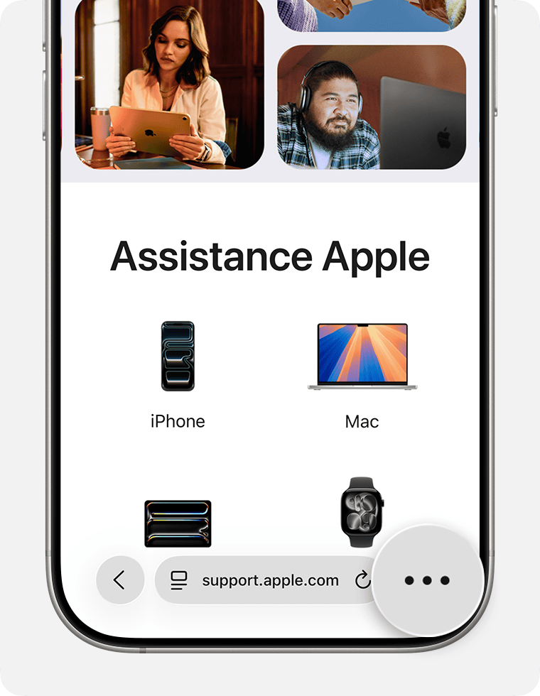 Écran d’iPhone affichant le bouton Plus agrandi dans Safari.