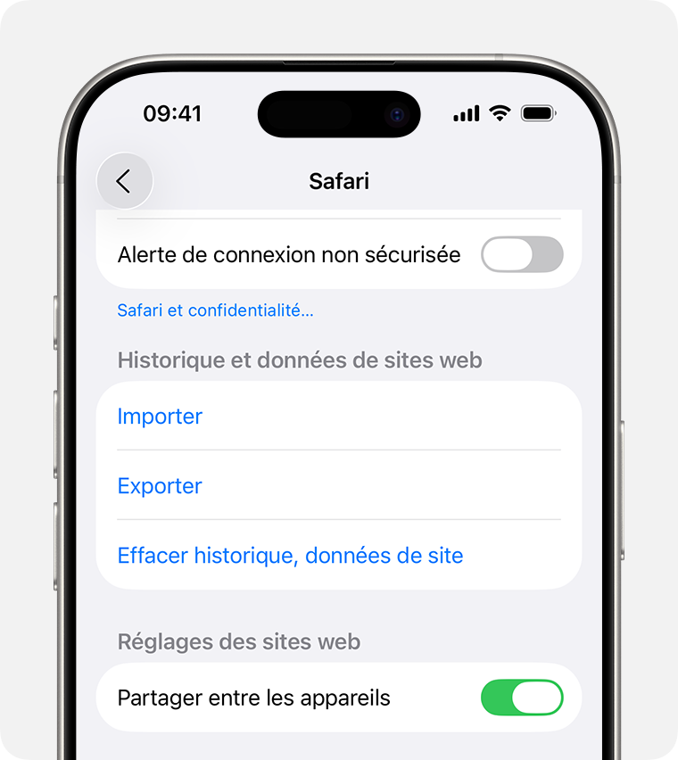 Écran d’iPhone affichant l’option Effacer historique, données de site dans les réglages de Safari.