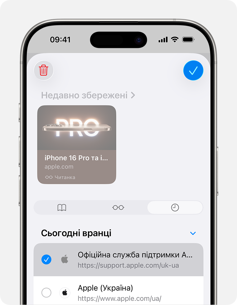 Екран iPhone із вкладкою «Історія» і вебсайтом, вибраним для видалення.