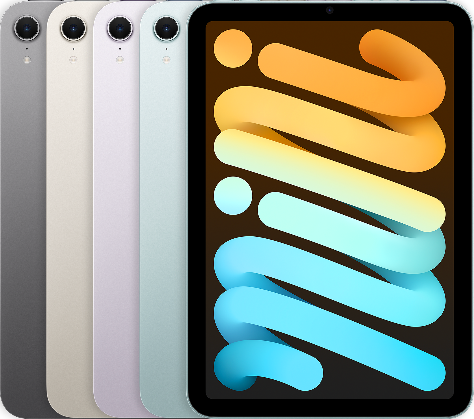 Las partes posteriores de varios dispositivos iPad, alineadas, en todos los colores disponibles, seguidas por la parte frontal de uno de ellos.