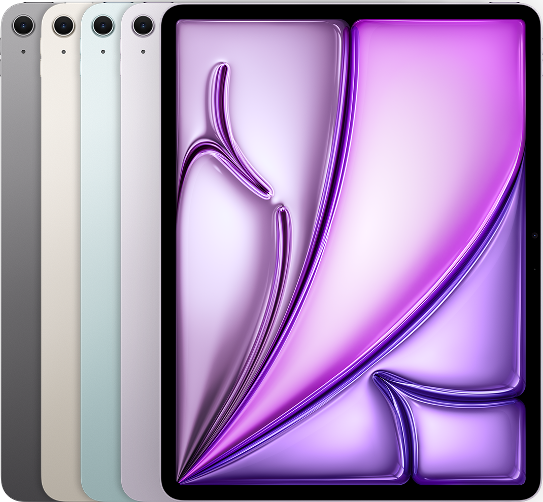 Die Rückseiten mehrerer iPad-Geräte in allen verfügbaren Farben nebeneinander gefolgt von der Vorderseite eines Geräts.