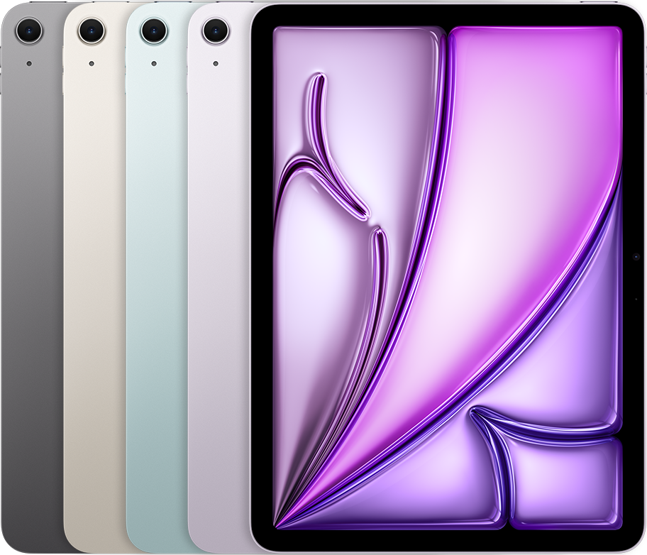 Zadní strany několika iPadů vedle sebe ve všech dostupných barvách a po nich přední strana jednoho iPadu.