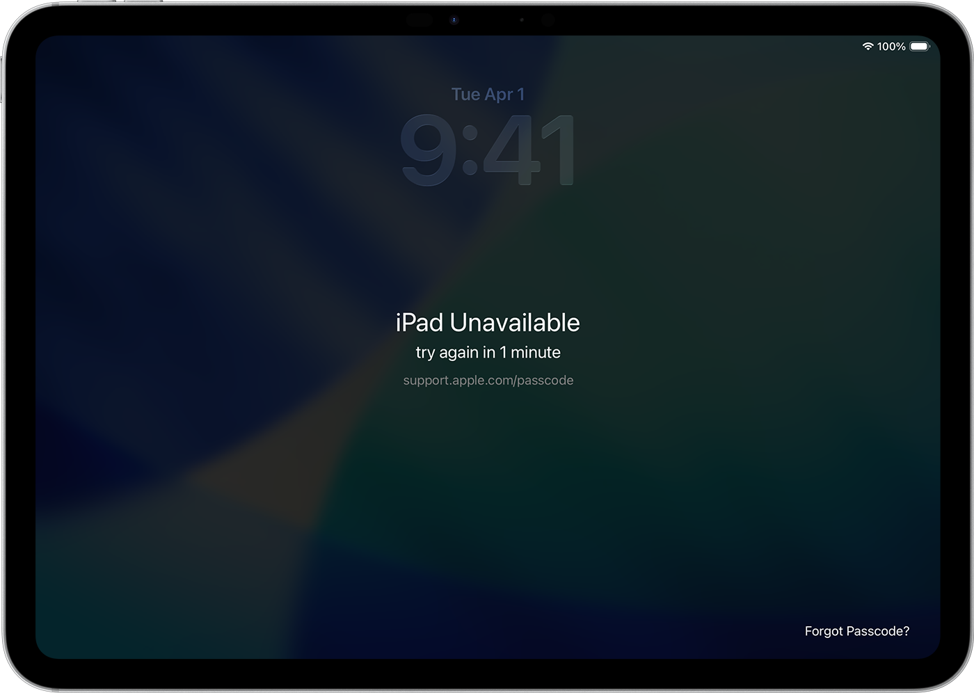 The Device Unavailable screen appears on an iPad after a failed passcode attempt.