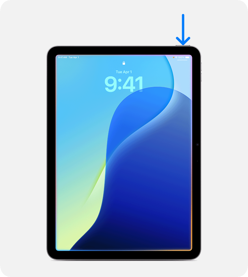 iPad with arrow pointing to the Top button to activate Siri.
