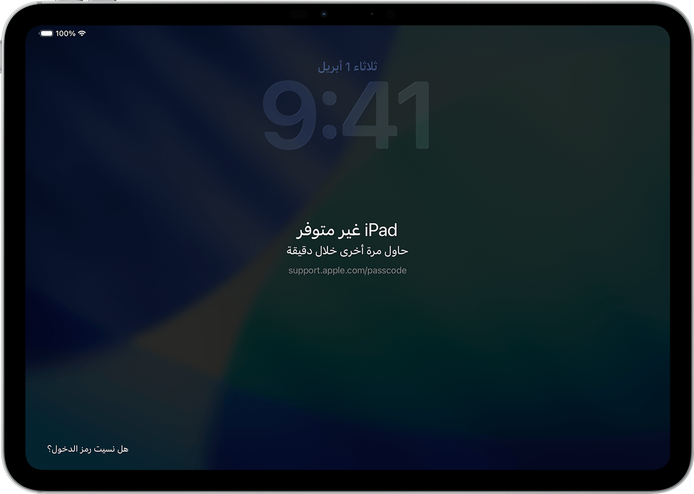 تظهر شاشة الجهاز غير متاح على جهاز iPad بعد محاولة فشل رمز المرور.