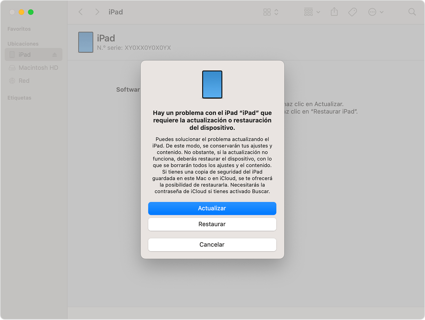La opción de restauración o actualización cuando conectas el iPad a un ordenador con macOS Ventura.