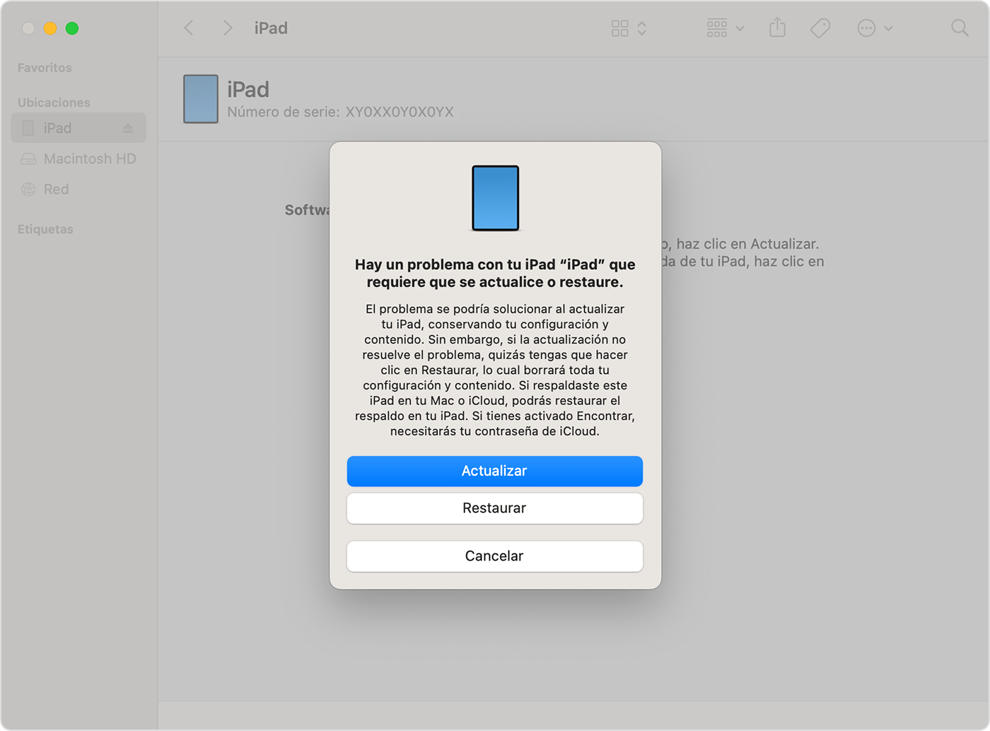 La opción de restaurar o actualizar cuando conectas tu iPad a una computadora con macOS Ventura.