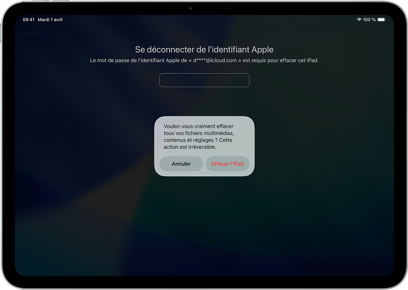 Dans le cadre de la réinitialisation de votre iPad suite à un oubli de code d’accès, vous devez effacer vos fichiers multimédias, vos contenus et vos réglages.
