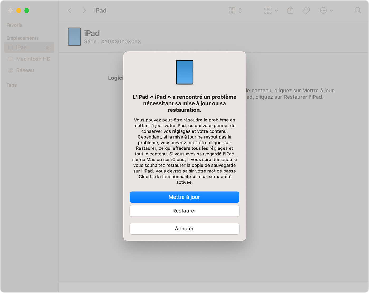 Option de restauration ou de mise à jour lorsque vous connectez votre iPad à un ordinateur doté de macOS Ventura