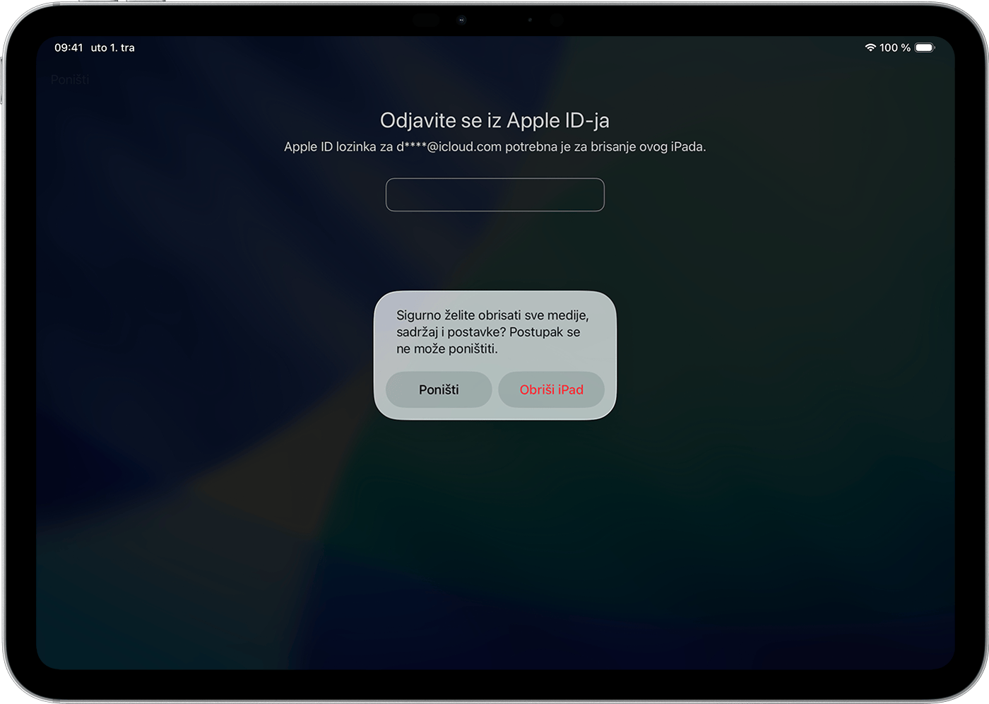 Za resetiranje iPad uređaja kad zaboravite lozinku u okviru postupka morate izbrisati medije, sadržaj i postavke.