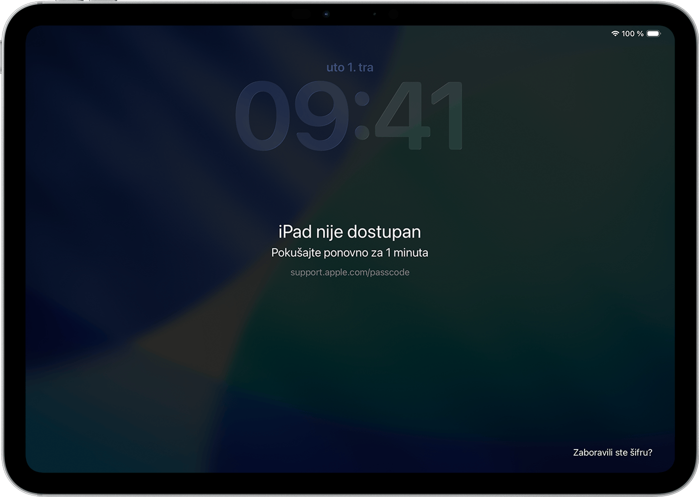 Zaslon Uređaj nedostupan pojavljuje se na iPad uređaju nakon neuspjelog pokušaja unosa lozinke.