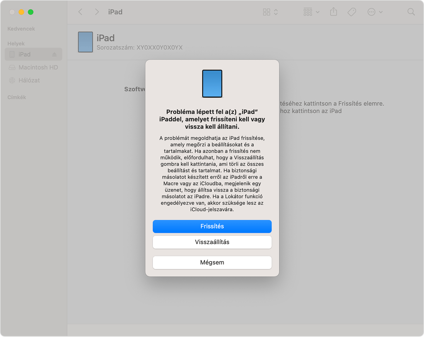 A visszaállítási vagy frissítési lehetőség, amikor iPadjét macOS Ventura rendszerű számítógéphez csatlakoztatja.