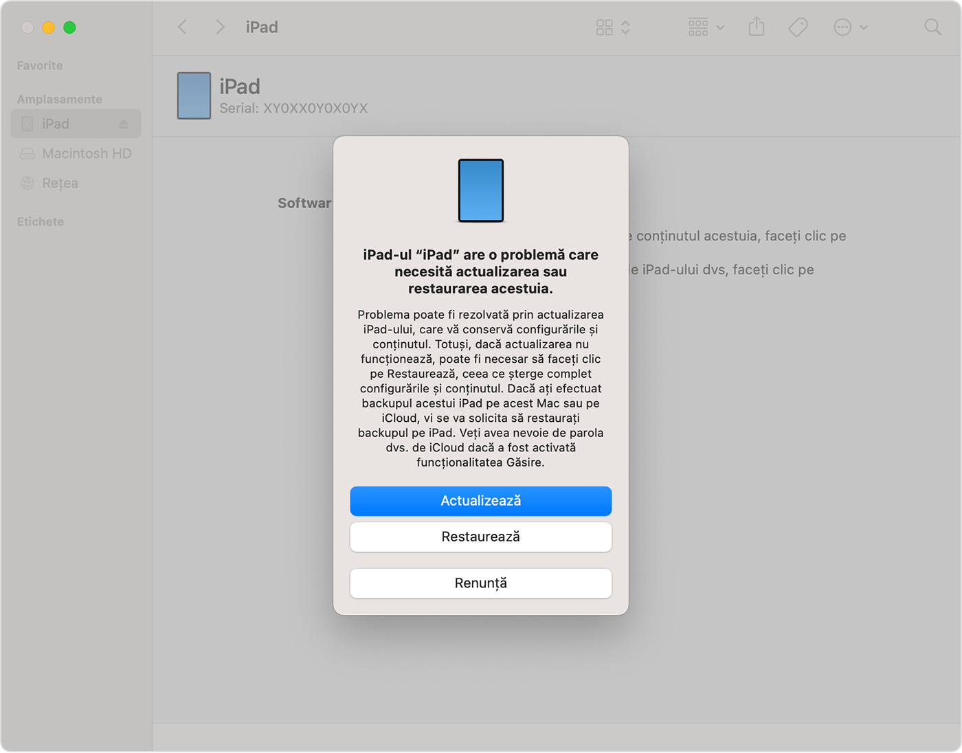 Opțiunea de restaurare sau de actualizare atunci când conectezi dispozitivul iPad la un computer cu macOS Ventura.