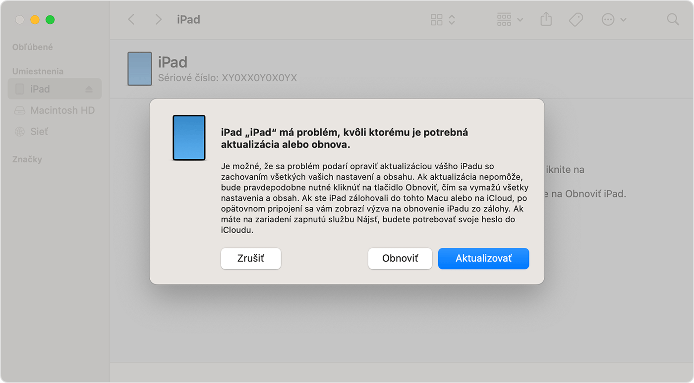 Možnosť obnovenia alebo aktualizácie po pripojení iPadu k počítaču so systémom macOS Ventura.