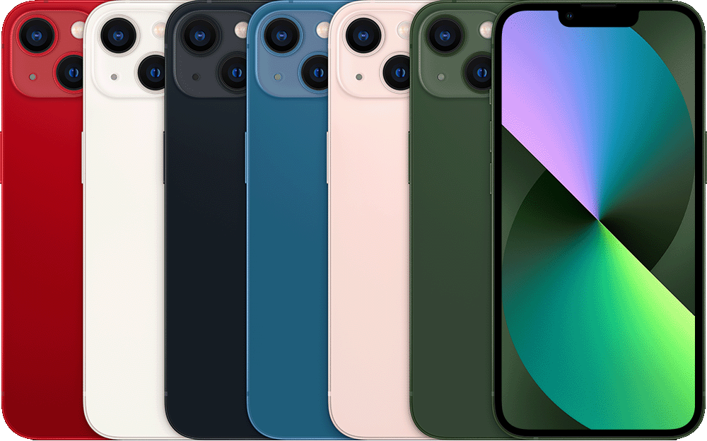 Le dos de plusieurs iPhone, côte à côte, dans toutes les couleurs disponibles, à côté de la face avant d’un iPhone.